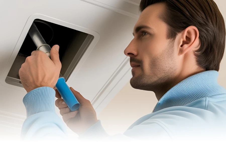 A professional HVAC technician inspecting and cleaning an air duct vent using specialized tools.