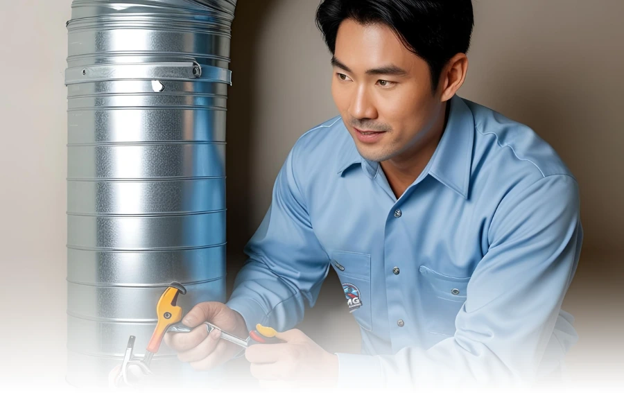 Technician in a blue uniform working on an HVAC air duct installation, using tools to secure the duct system.