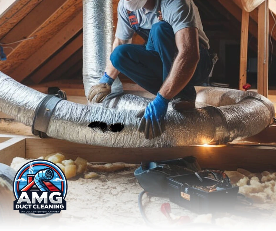 Professional repairing a damaged air duct in the attic to enhance indoor air quality.